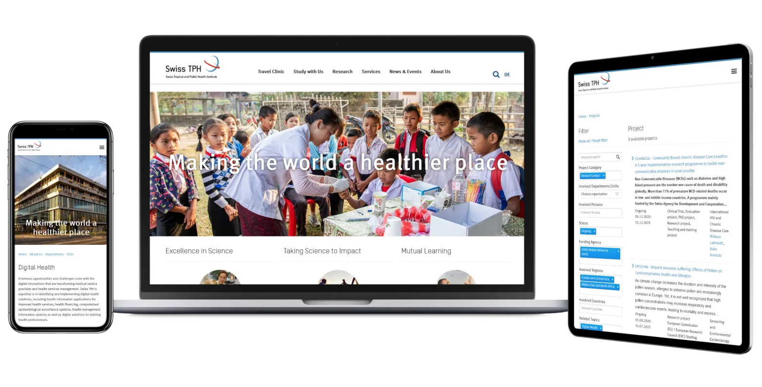 Startseite und Themenseiten Swiss TPH Website Beispielseiten der umfangreichen TYPO3-Websiten von Swiss TPH mit Website und Intranet Lösung