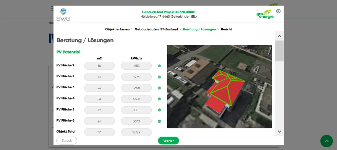 Bild zeigt Kartenansicht mit Haus und Dach PV Potenzial im Bereich Beratung / Lösungen