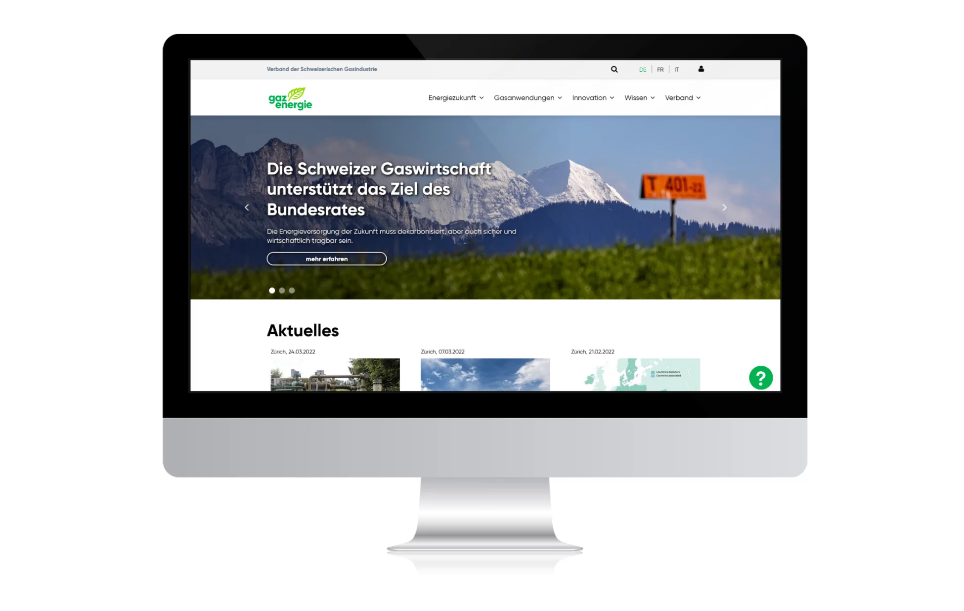 Startseite der neuen Website mit Extranet für den Verband der Schweizerischen Gasindustrie VSG entwickelt durch CS2 mit TYPO3 CMS