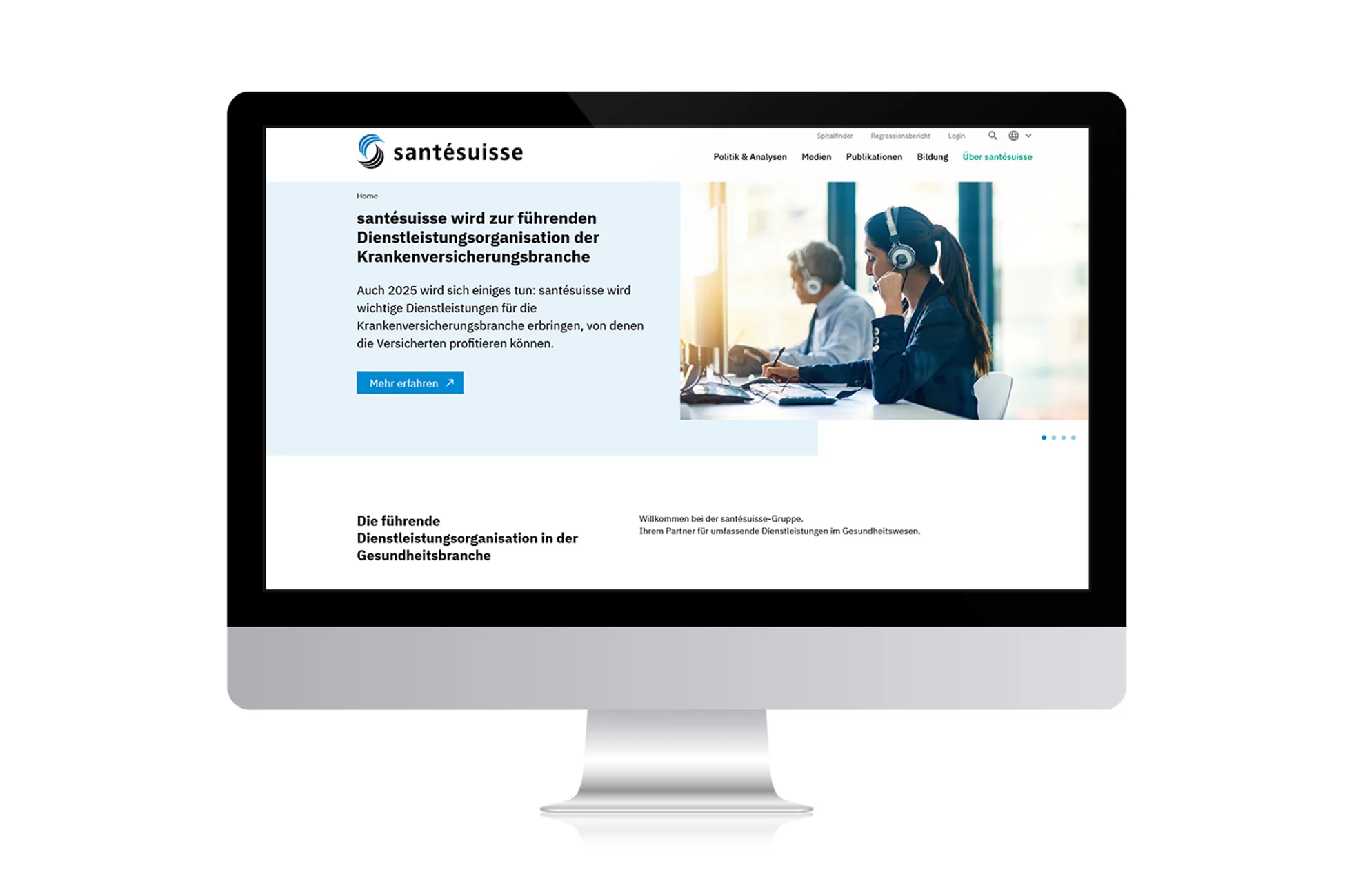 Aufgeräumte Startseite der neuen Website für santésuisse.