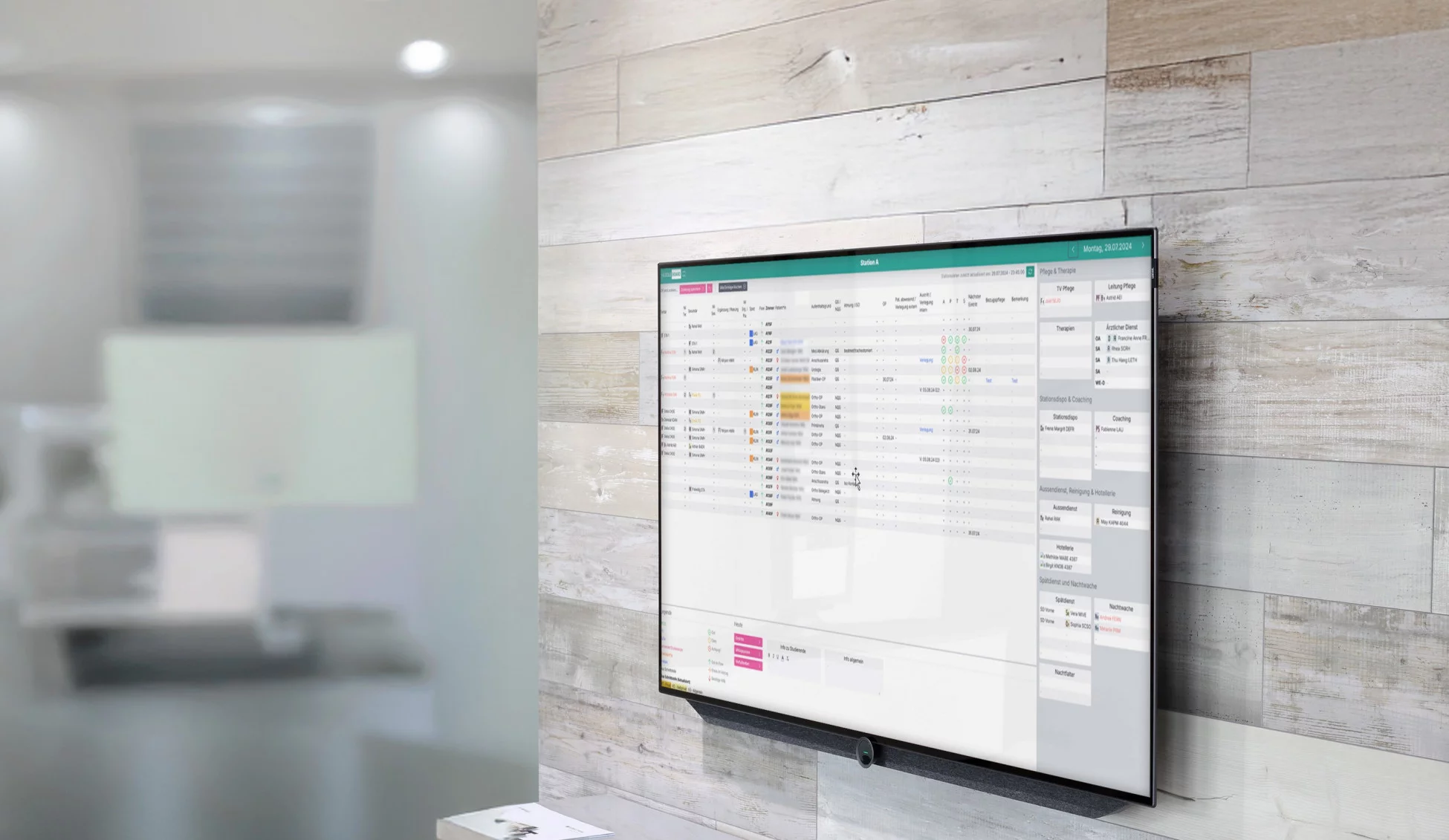 Das Huddleboard im Einsatz auf einem Grossbildschirm auf der Station im SPZ Nottwil.