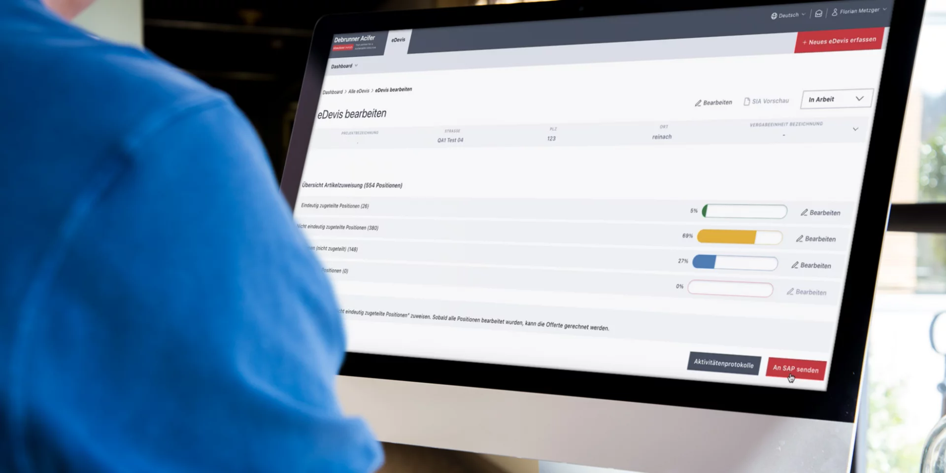Screenshop eDevis Applikation Anwendungsbeispiel eDevis von Debrunner mit Anzeige des Dashboards
