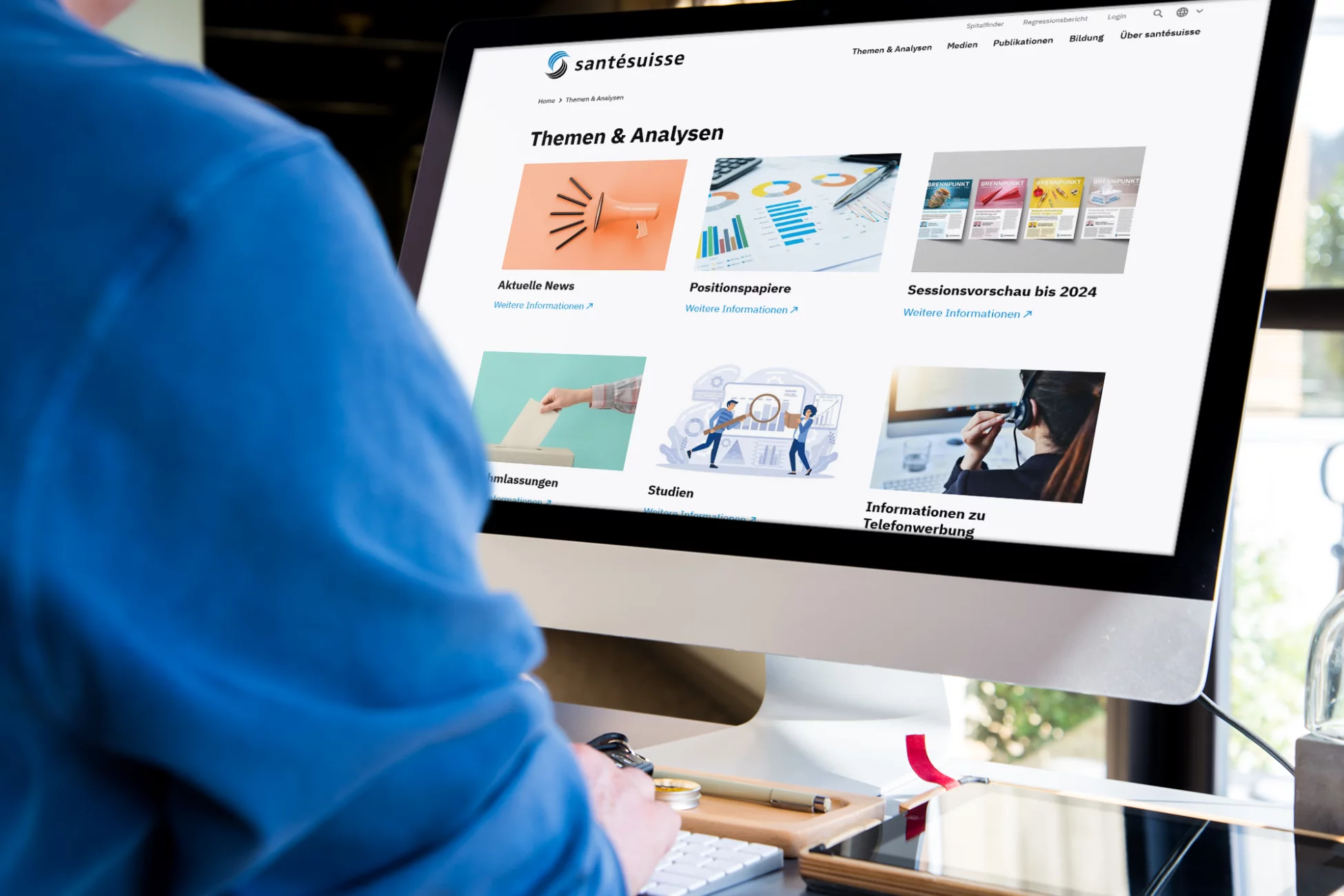 Themen und Analysen Übersichtsseite auf der neuen santésuisse Website, erstellt mit TYPO3 von CS2