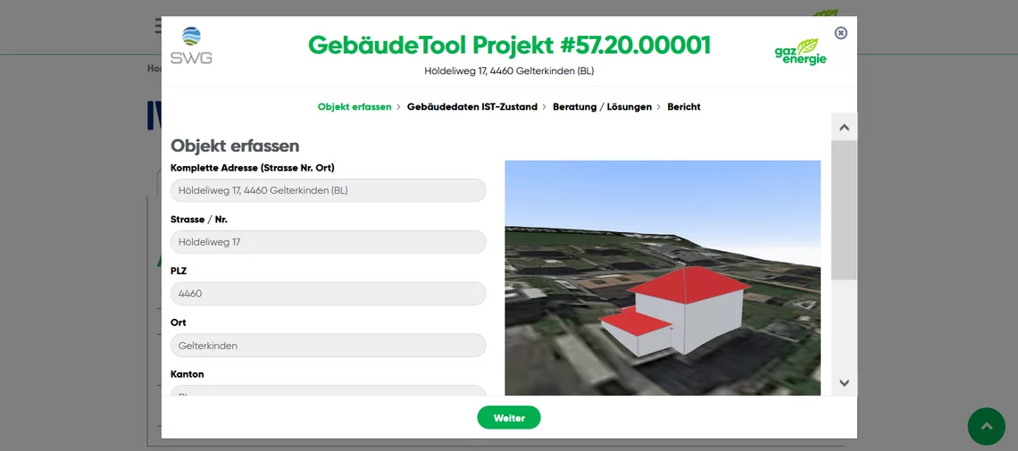 Bild zeigt Anwendungsbeispiel GebäudeTool wie man ein neues Objekt erfasst (Eingabemaske)