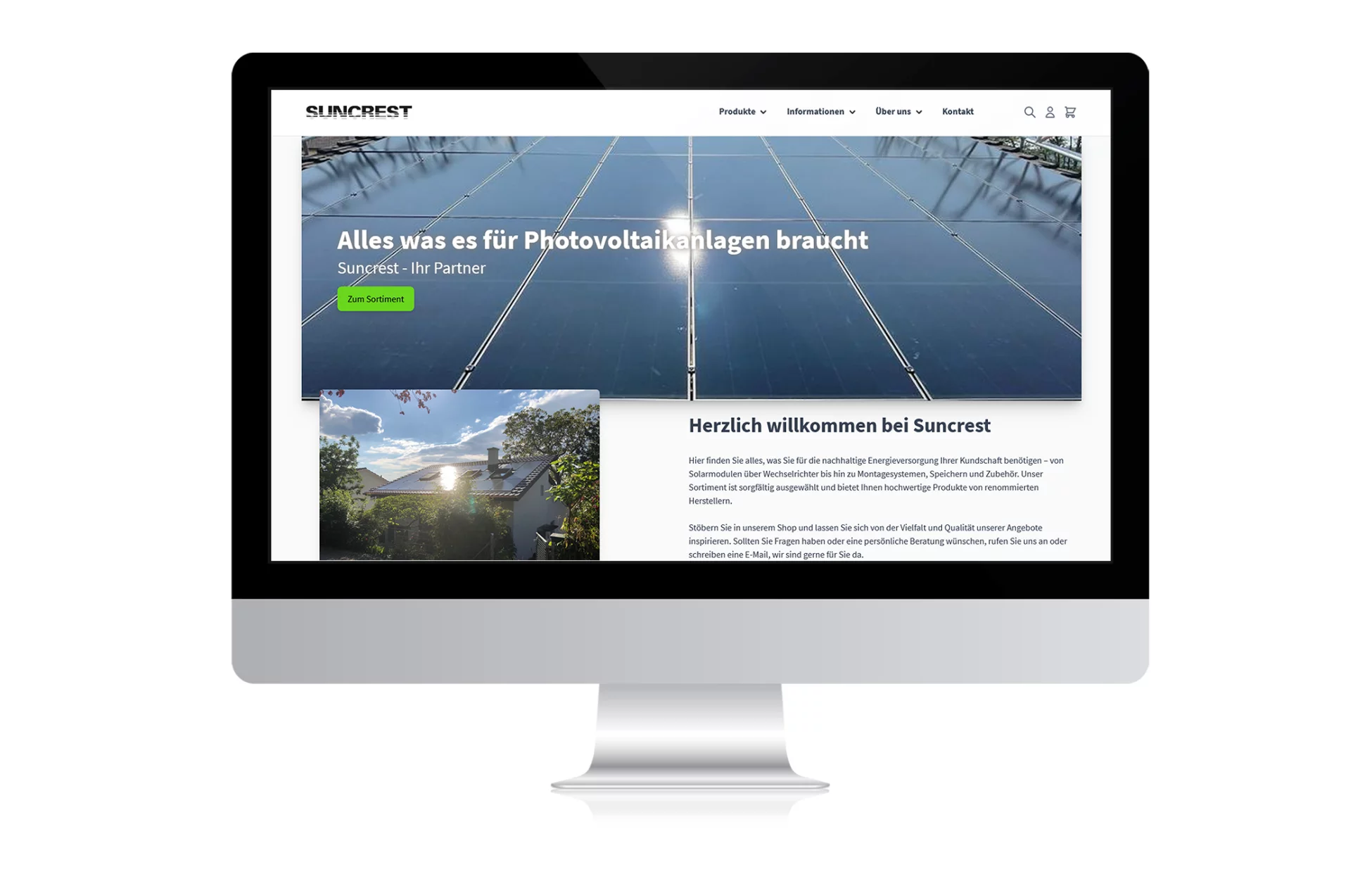 Screenshot Suncrest Startseite Webshop Startseite der neuen Magento Hyva Website mit Webshop für Suncrest, erstellt durch CS2