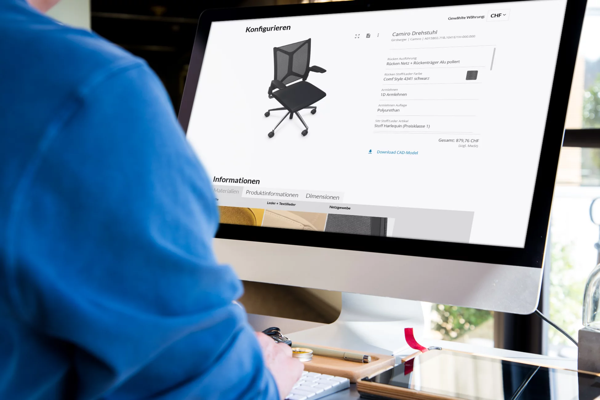 Büro Drehstuhl Konfigurator in 3D von der Firma Eastern Graphics, vollintegriert in TYPO3 durch CS2