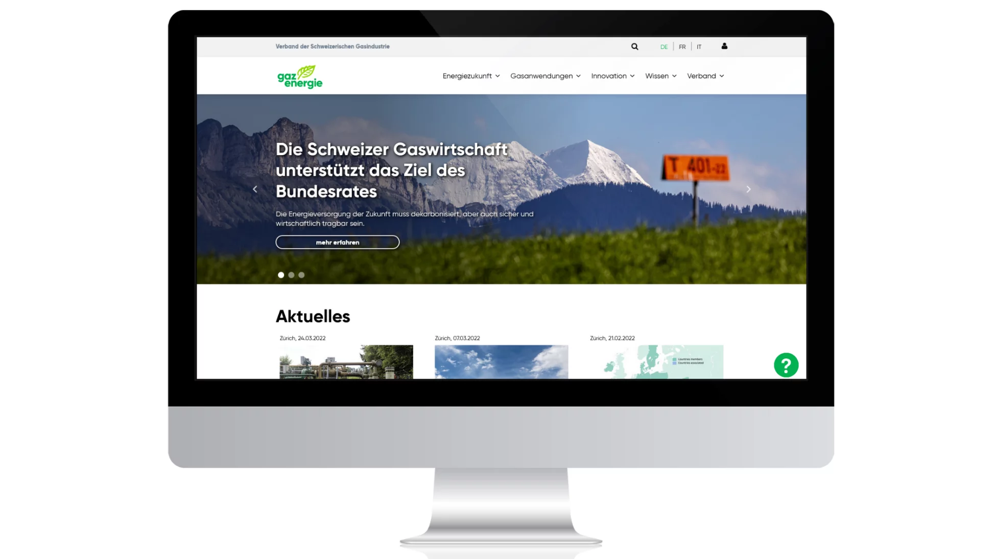 Startseite der neuen Website mit Extranet für den Verband der Schweizerischen Gasindustrie VSG entwickelt durch CS2 mit TYPO3 CMS