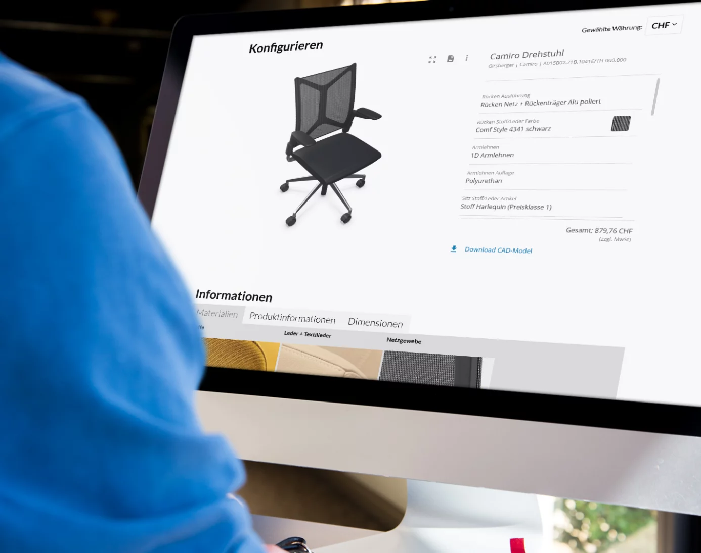 Büro Drehstuhl Konfigurator in 3D von der Firma Eastern Graphics, vollintegriert in TYPO3 durch CS2