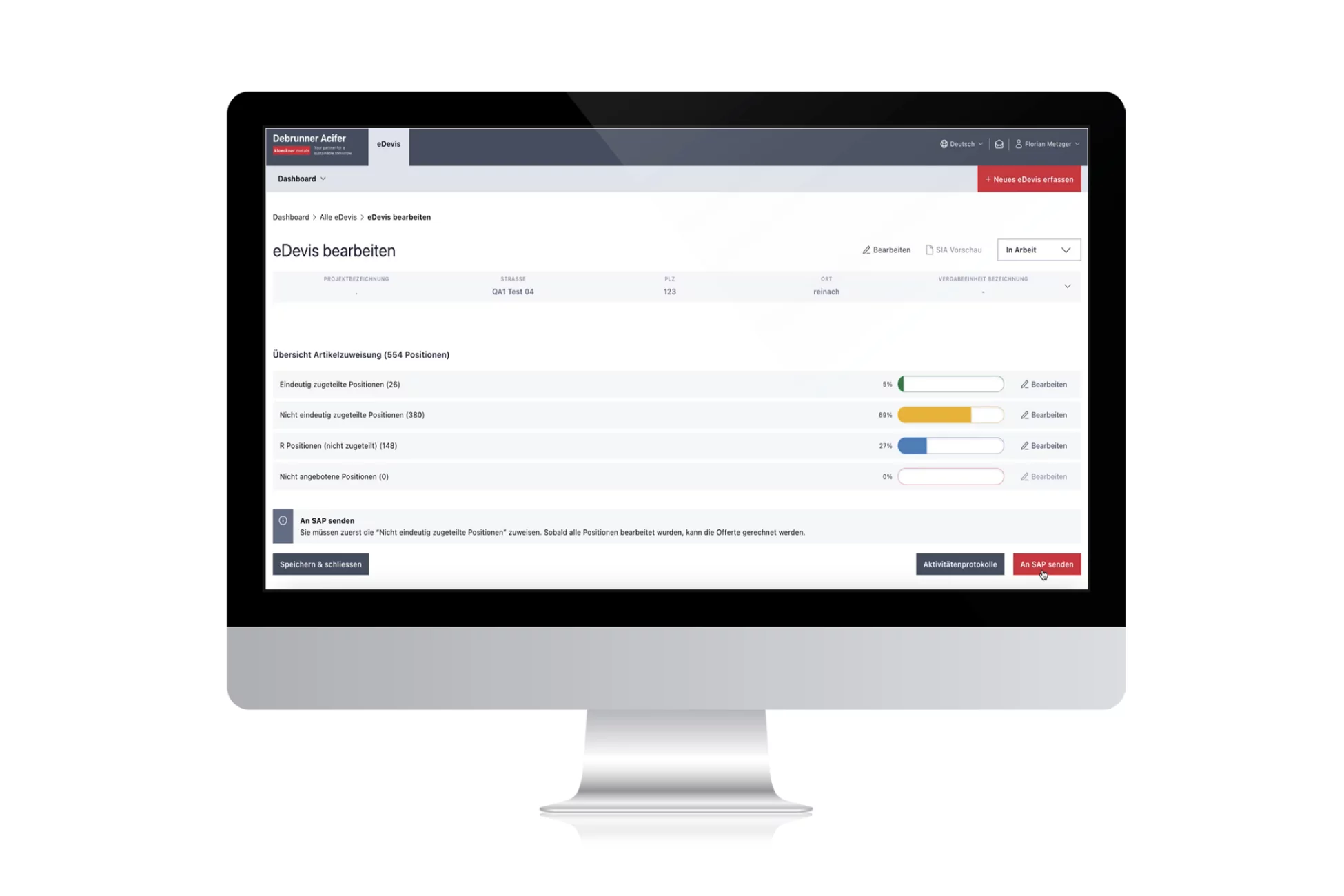 Übersicht eDevis Bearbeitungsübersicht eDevis Debrunner, Status, Bearbeitungszustands Fortschritt Übersicht