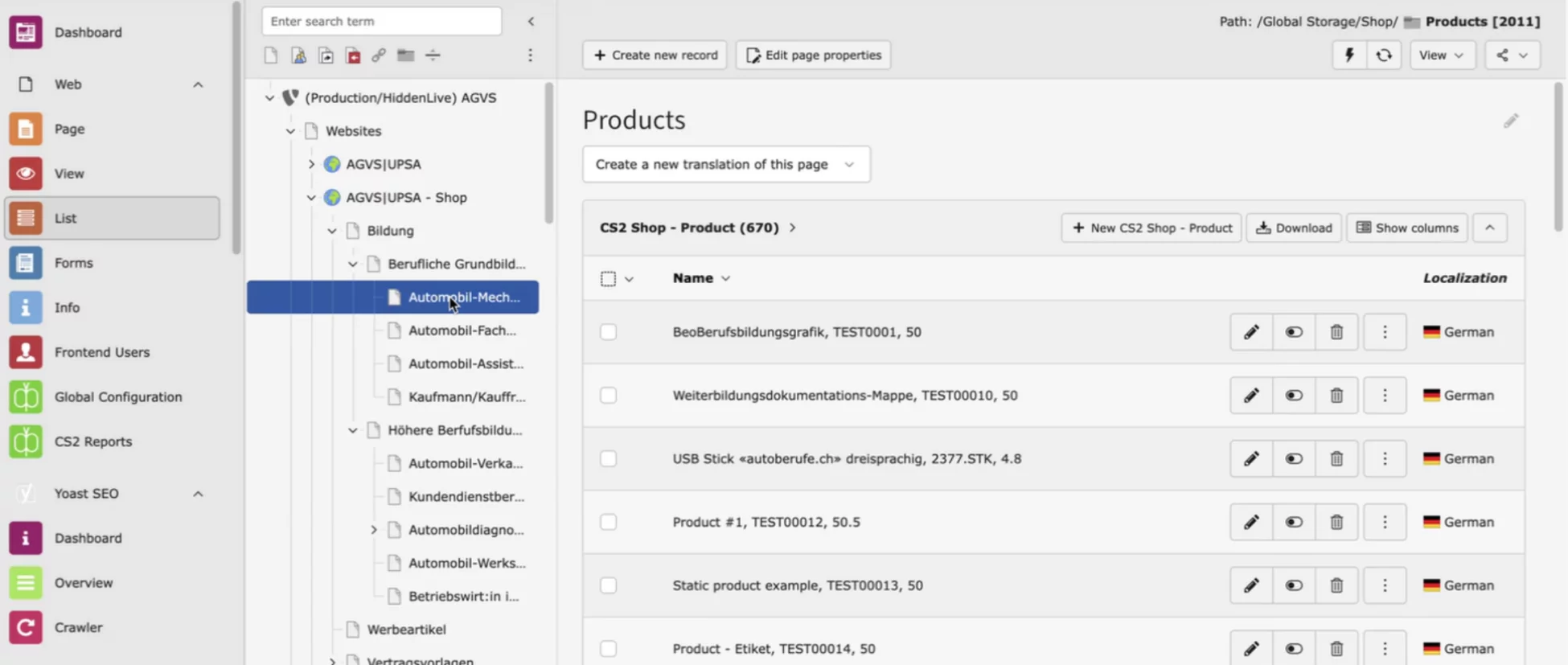 Backend Modul Shop Beispiel Kestestenholz Produkte