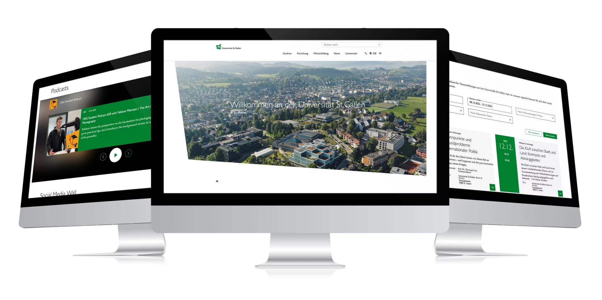 HSG-Webseiten Beispiele auf drei Bildschirmen Bild zeigt verschiedene Bildschirmansichten der neuen HSG-Websiten, umgesetzt mit TYPO3 CMS (Ablösung Sitecore) durch CS2 Sissach Schweiz