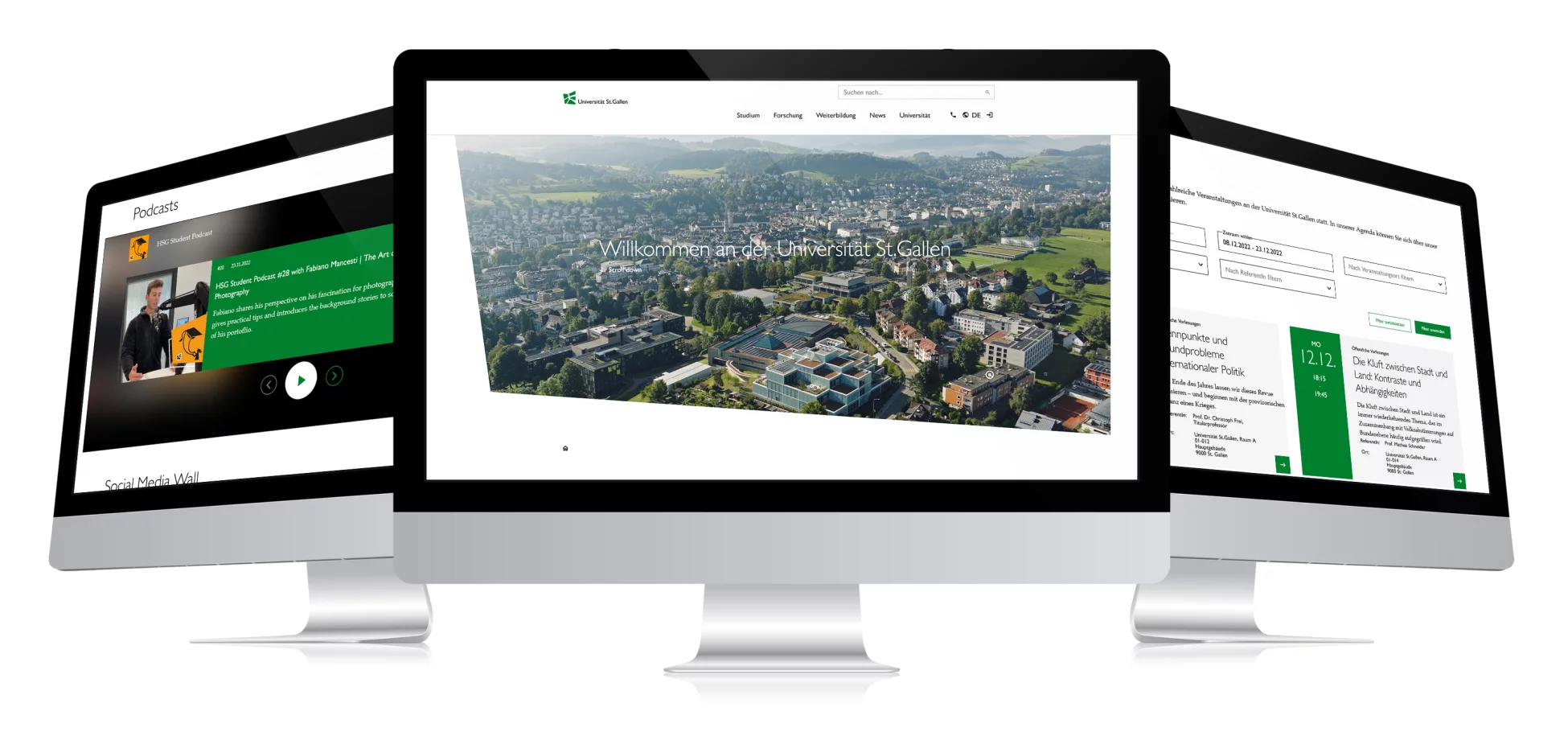 Bild zeigt verschiedene Bildschirmansichten der neuen HSG-Websiten, umgesetzt mit TYPO3 CMS (Ablösung Sitecore) durch CS2 Sissach Schweiz