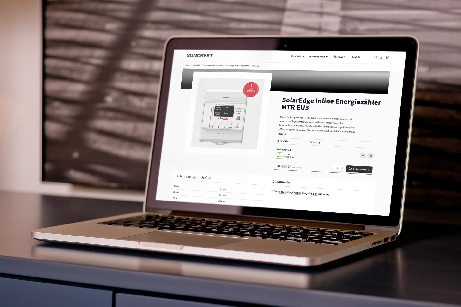 Screenshot Produkt Detailansicht Produkt Detailseite Webshop Suncrest mit Informationen über das Produkt sowie Lagerbestand, Preis, weitere Informationen, Kauf-Button, etc.