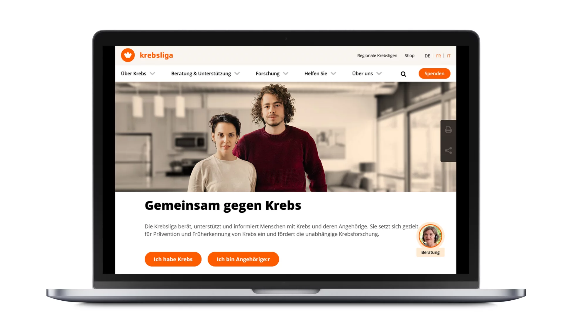 Screenshot Website der Krebsliga Schweiz Übernahme und Weiterentwickung der Webseiten der Krebsliga Schweiz und der Krebsforschung