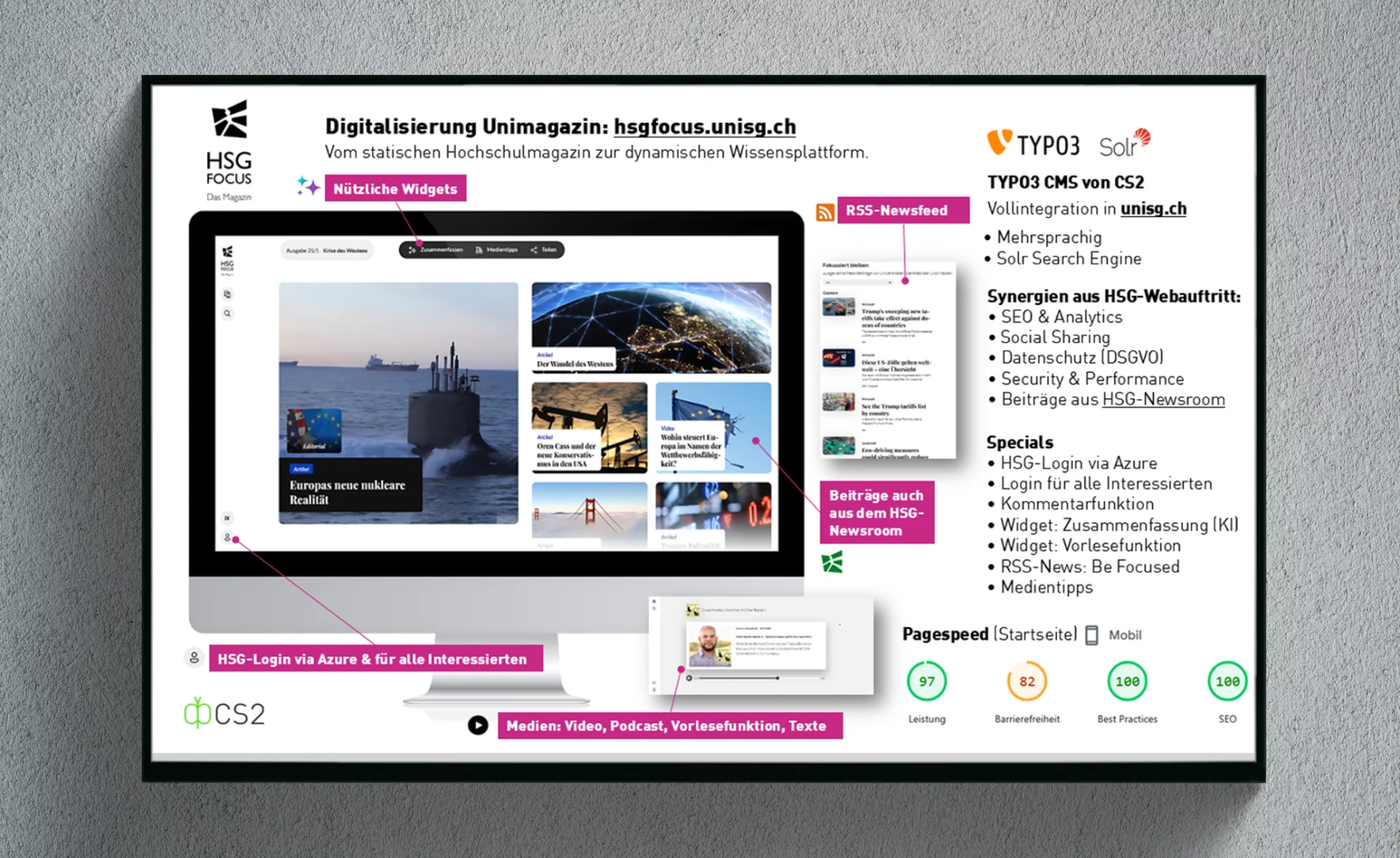 Zusammenstellung der wichtigsten Komponenten des Projekts als Übersicht inkl. Screenshots, Grafiken und Texten.