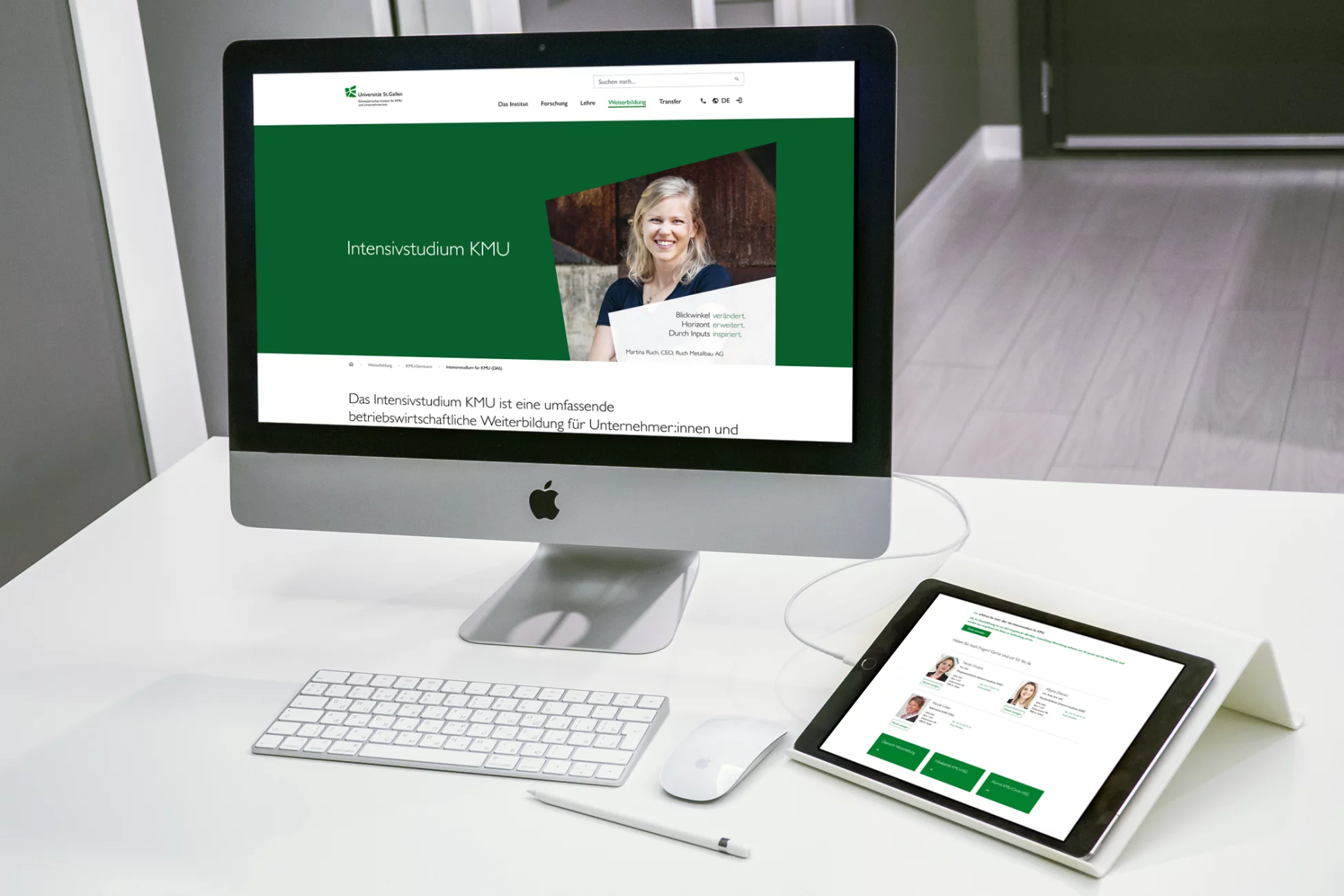 HSG Website Home KMU auf Desktop und Tablet Bild zeigt neue UniSG-Website mit Pilotprojekt kmu.unisg.ch, auf Desktop und Tablet