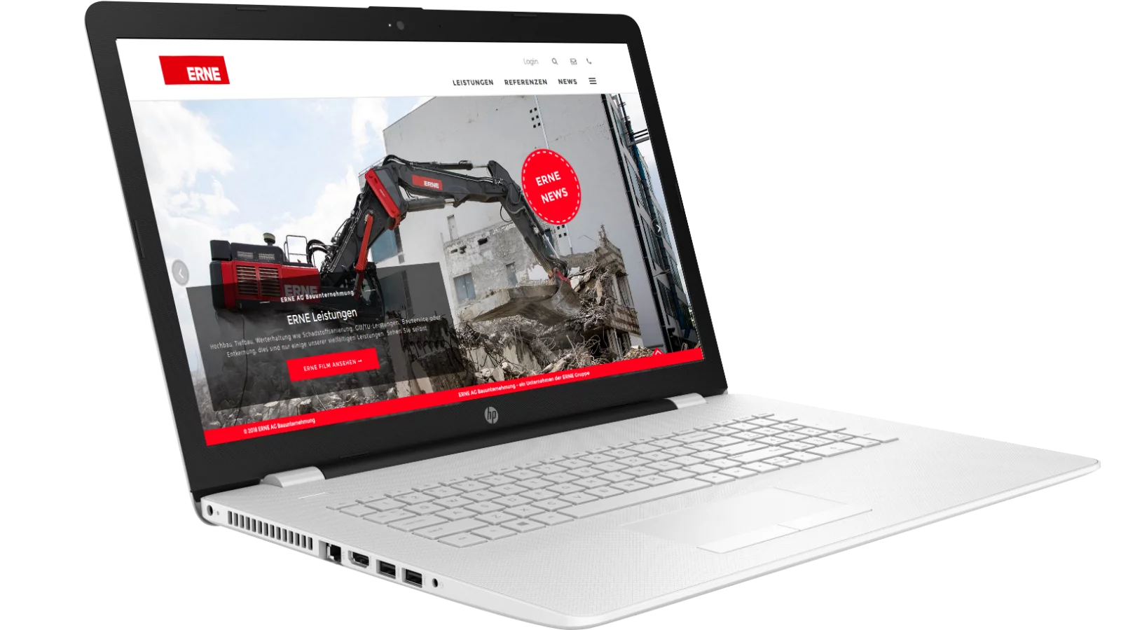 Bild zeigt einen Erne Bagger auf der Baustelle beim Rückbau eines Gebäudes und wirbelt Staub und Schutt auf. Startseite der Website welche durch CS2 erstellt wurde mit TYPO3 Content Management System CMS