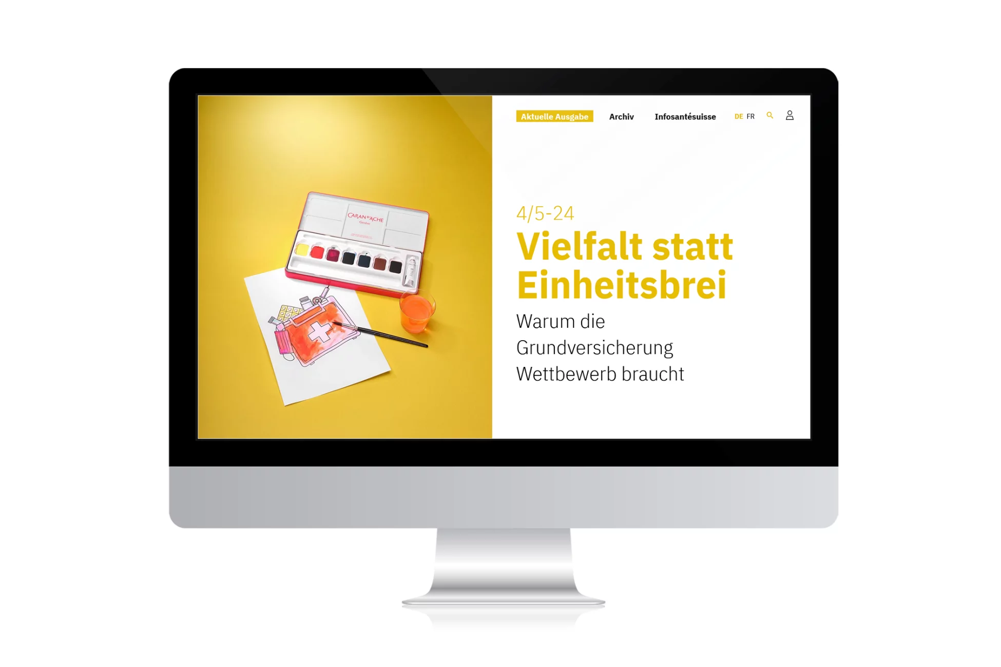 Startseite der aktuellen Ausgabe vom infosantésuisse Magazin auf iMac Bildschirm, entwickelt durch CS2 mit TYPO3 CMS