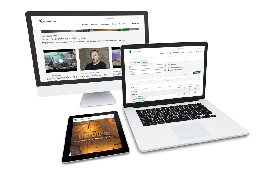 Bild mit verschiedenen Bildschirmansichten wie Newsroom, Stories, Podcasts, Videos, Universitätsbibliotheksdatenbank, etc.