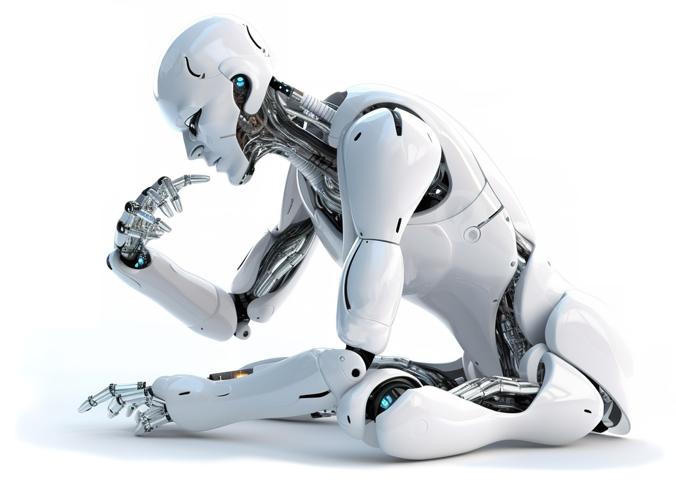 Sitzender KI AI Roboter als visualisiertes Beispiel von Künstlicher Intelligenz.